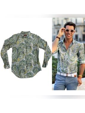 Zara men’s green blue paisley print tropical button down shirt long sleeve Sz L
